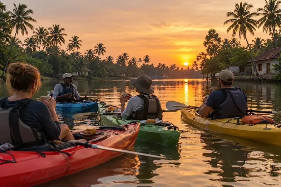 Illustration of a guided kayaking group enjoying a sunset break