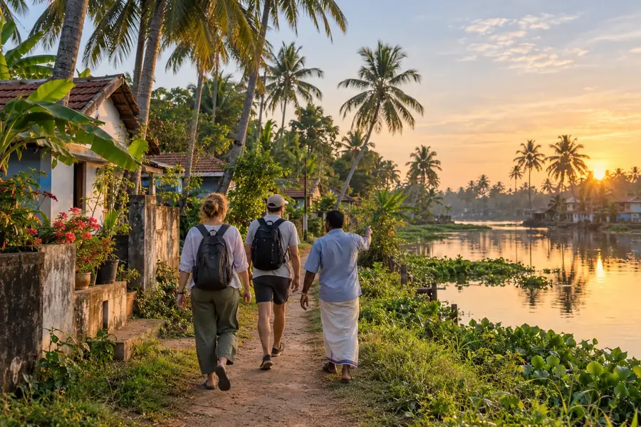Illustration of a guide leading guests along an island village path